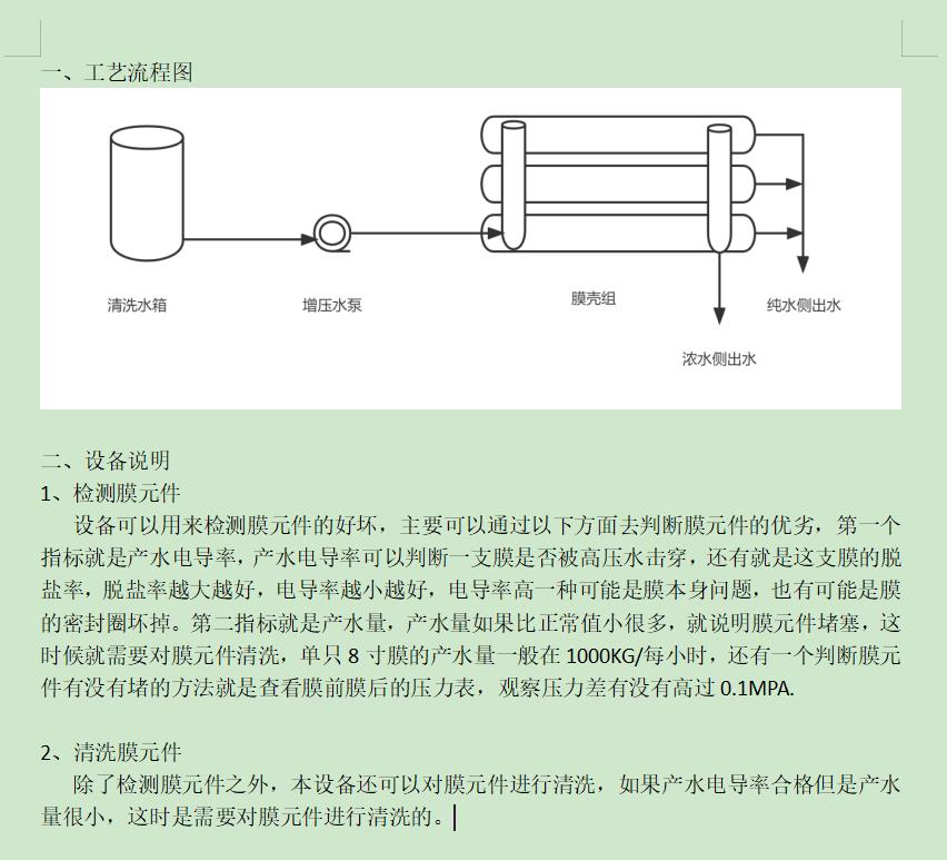 宁国ro洗膜机工艺流程图及工艺说明